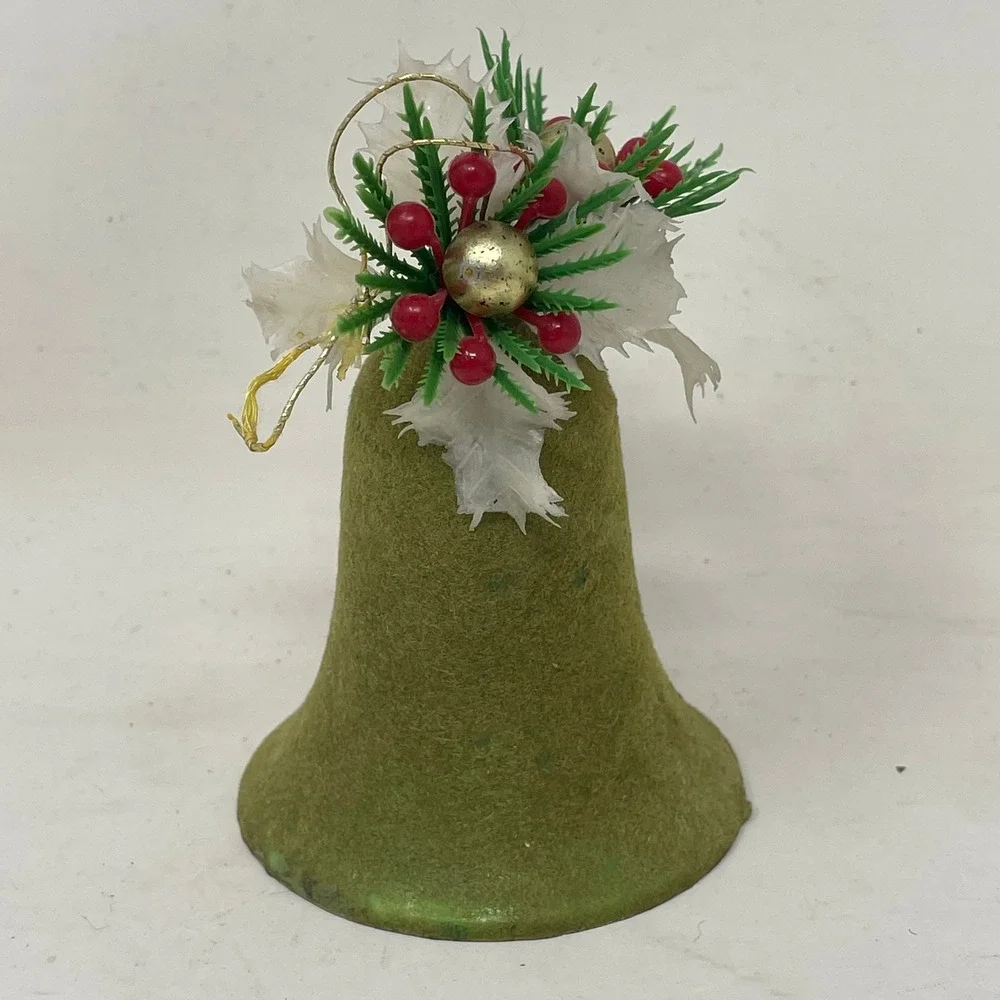 Vintage 1976 Felt Christmas Bell Ornament Pixie Elf Figure Green Red Handmade